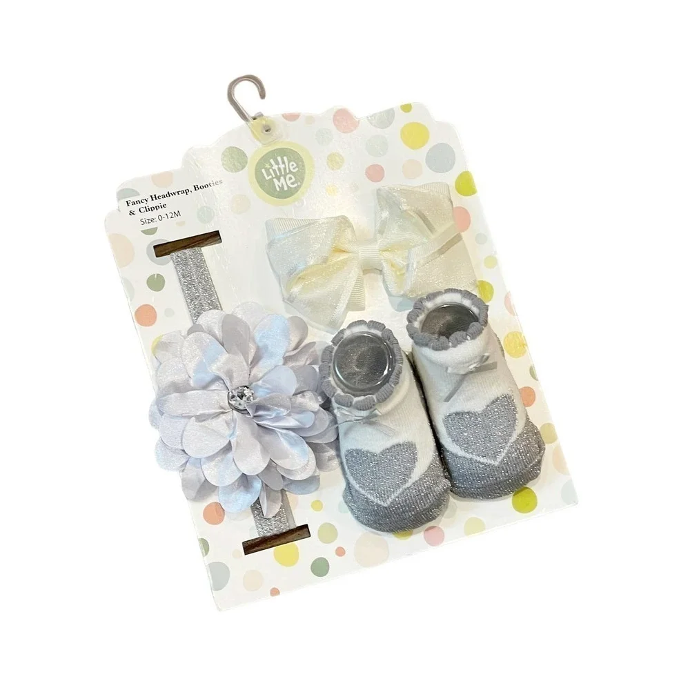 NEW Little Me Fancy Headwrap, Booties & Bow Clippie Gift Set Gray 0-12 Months